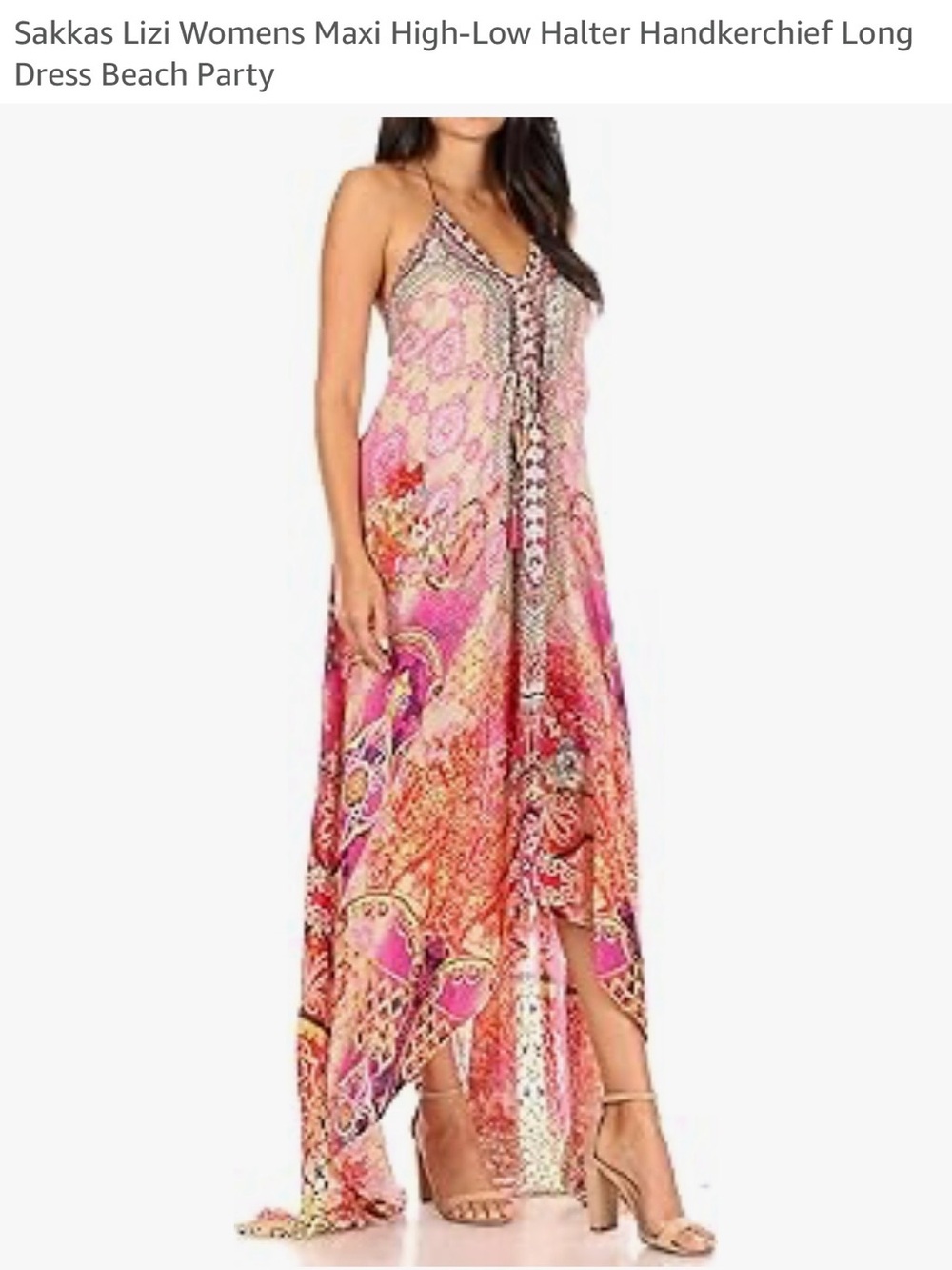 Sakkas Pink Multi Lizi High-Low Halter Handkerchief Maxi Dress